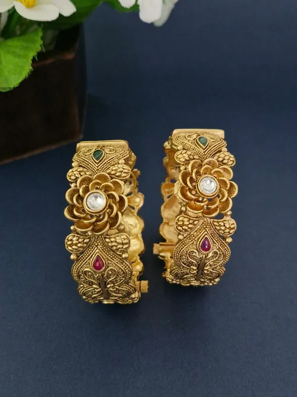 18K_Gold_Plated_Antique_Blooming_Rose_&_Paisley_Openable_Kada_-_1_Pair_(Set_of_2_for_Both_Hands)
