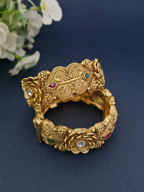 18K_Gold_Plated_Antique_Blooming_Rose_&_Paisley_Openable_Kada_-_1_Pair_(Set_of_2_for_Both_Hands)