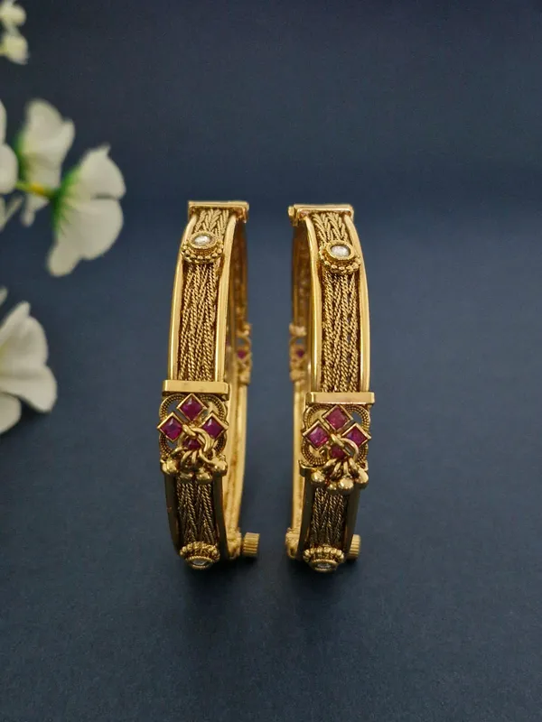 18K_Gold_Plated_Antique_Braided_Rope_&_Ruby_Cluster_Openable_Kada_-_1_Pair_(Set_of_2_for_Both_Hands)