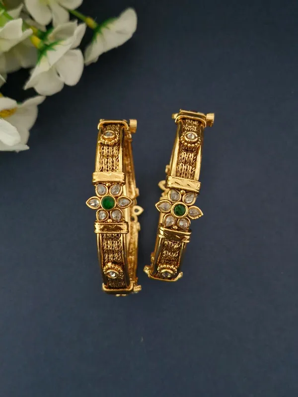 18K_Gold_Plated_Antique_Emerald_&_Polki_Floral_Mesh_Openable_Kada_-_1_Pair_(Set_of_2_for_Both_Hands)