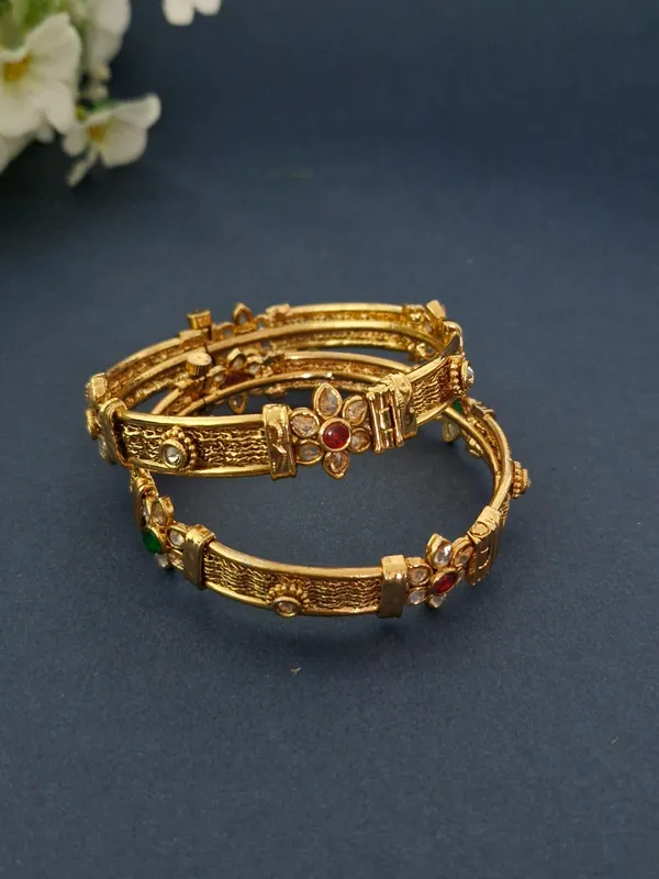 18K_Gold_Plated_Antique_Emerald_&_Polki_Floral_Mesh_Openable_Kada_-_1_Pair_(Set_of_2_for_Both_Hands)
