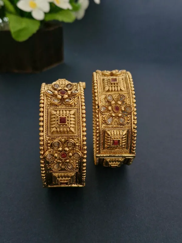 18K_Gold_Plated_Antique_Floral_&_Square_Plaque_Openable_Kada_-_1_Pair_(Set_of_2_for_Both_Hands)