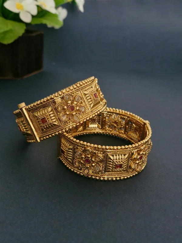 18K_Gold_Plated_Antique_Floral_&_Square_Plaque_Openable_Kada_-_1_Pair_(Set_of_2_for_Both_Hands)