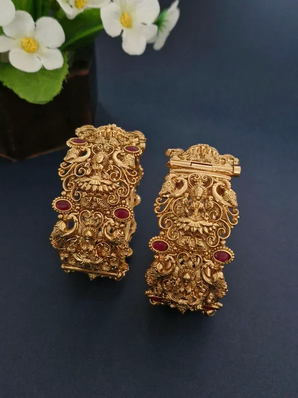 18K_Gold_Plated_Antique_Goddess_Lakshmi_Temple_Openable_Kada_-_1_Pair_(Set_of_2_for_Both_Hands)