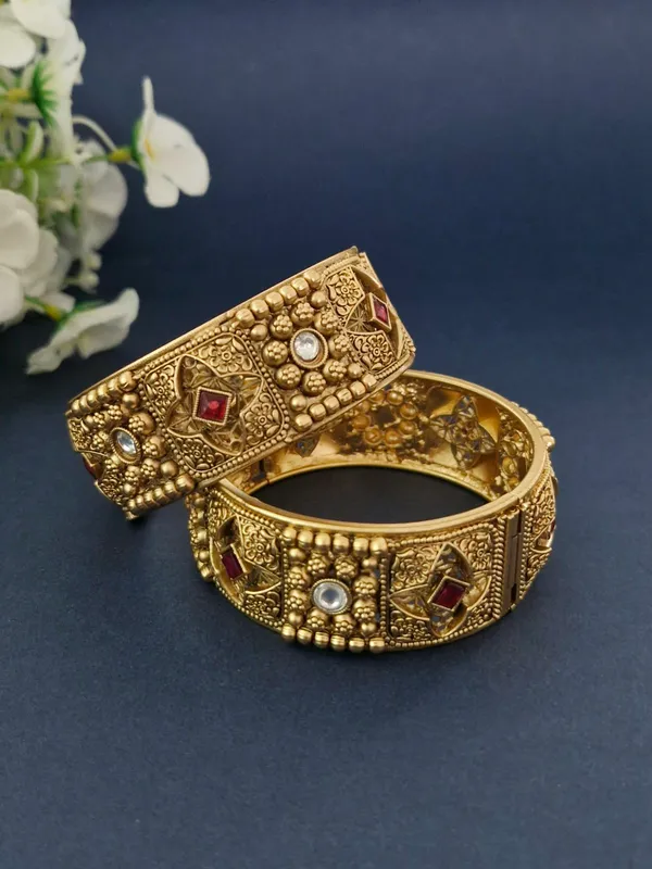18K_Gold_Plated_Antique_Jharokha_Ruby_&_Polki_Openable_Kada_-_1_Pair_(Set_of_2_for_Both_Hands)