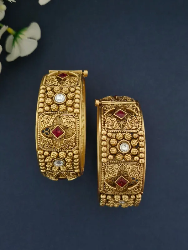 18K_Gold_Plated_Antique_Jharokha_Ruby_&_Polki_Openable_Kada_-_1_Pair_(Set_of_2_for_Both_Hands)
