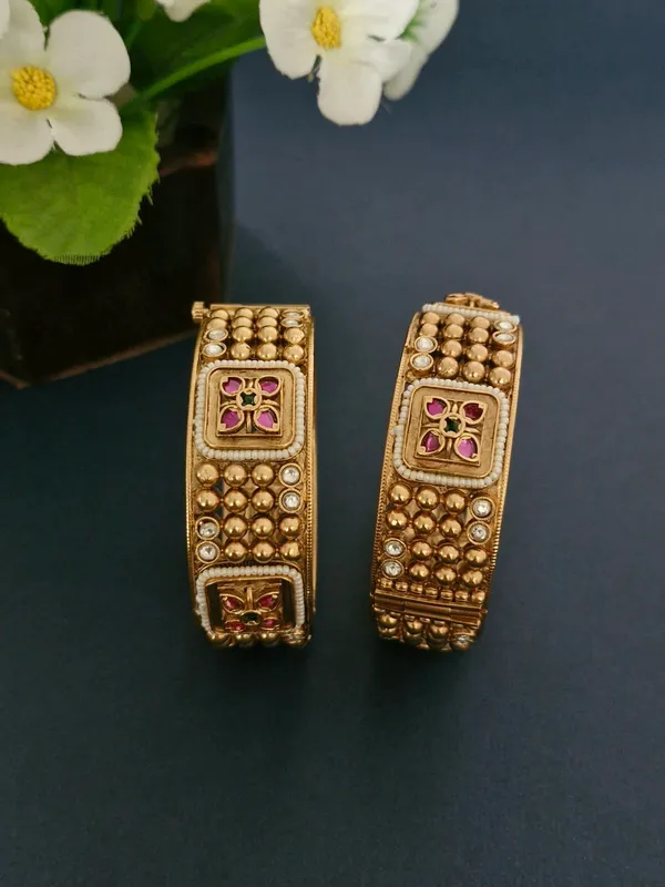 18K_Gold_Plated_Antique_Pearl_Border_Flower_Openable_Kada_-_1_Pair_(Set_of_2_for_Both_Hands)