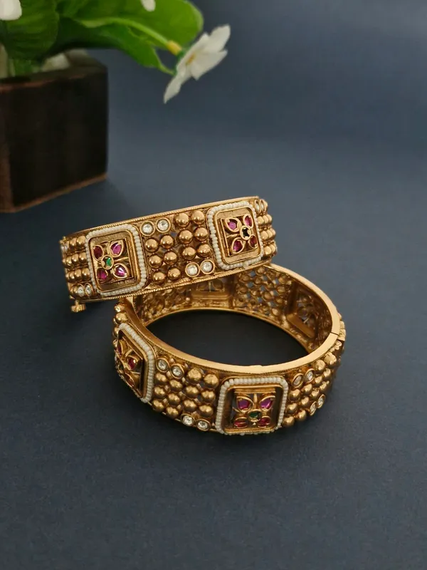 18K_Gold_Plated_Antique_Pearl_Border_Flower_Openable_Kada_-_1_Pair_(Set_of_2_for_Both_Hands)