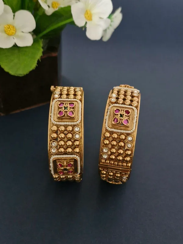 18K_Gold_Plated_Antique_Pearl_Border_Flower_Openable_Kada_-_1_Pair_(Set_of_2_for_Both_Hands)