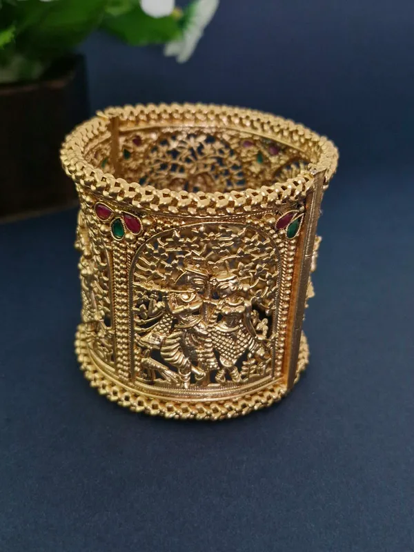 18K_Gold_Plated_Antique_Radha_Krishna_Vrindavan_Extra-Wide_Openable_Kada_-_1_Pair_(Set_of_2_for_Both_Hands)