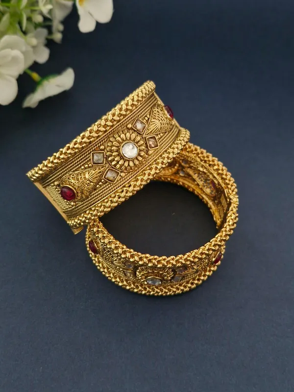 18K_Gold_Plated_Antique_Sunburst_Medallion_&_Polki_Openable_Kada_-_1_Pair_(Set_of_2_for_Both_Hands)