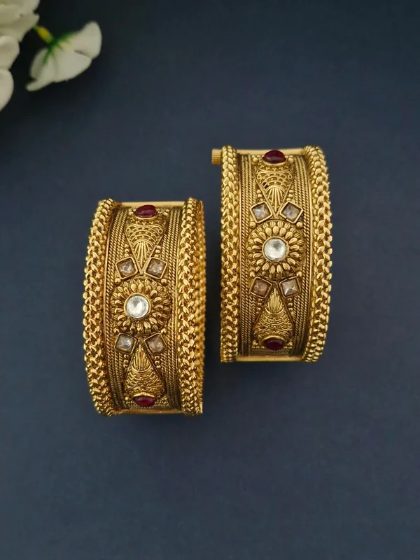 18K_Gold_Plated_Antique_Sunburst_Medallion_&_Polki_Openable_Kada_-_1_Pair_(Set_of_2_for_Both_Hands)
