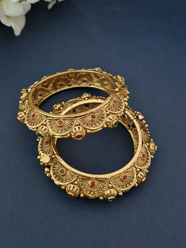 18K_Gold_Plated_Antique_Sunburst_&_Floral_Openable_Kada_-_1_Pair_(Set_of_2_for_Both_Hands)