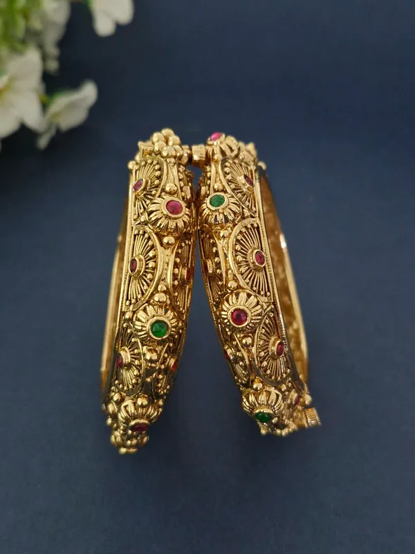 18K_Gold_Plated_Antique_Sunburst_&_Floral_Openable_Kada_-_1_Pair_(Set_of_2_for_Both_Hands)