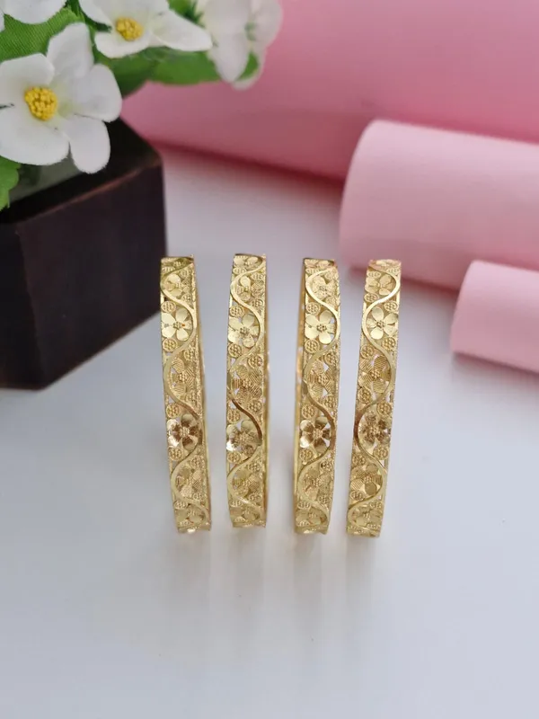 18K_Gold_Plated_Floral_Cutwork_Textured_Bangles_(2_Pair_-_Set_of_4_for_Both_Hands)_|_Royal_Matte_&_Gloss_Finish_Gold_Jewellery