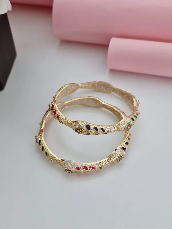 18K_Gold_Plated_Hand-Painted_Meenakari_Wavy_Floral_Stone_Bangles_(1_Pair_-_Set_of_2_for_Both_Hands)
