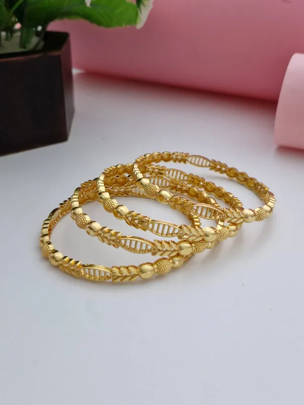 18K_Gold_Plated_Leaf_Motif_Beaded_Work_Bangles_(2_Pair_-_Set_of_4_for_Both_Hands)_|_Royal_Traditional_Textured_Gold_Bangle_Set