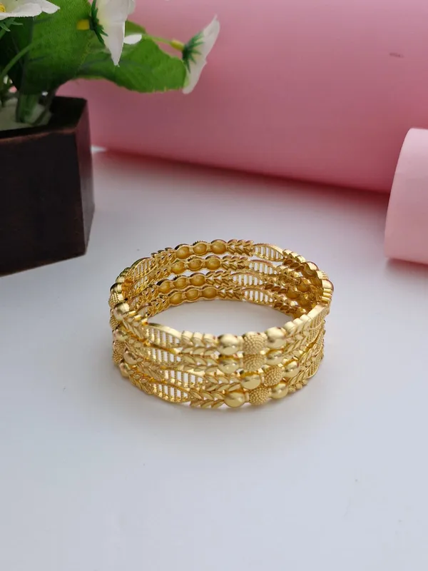18K_Gold_Plated_Leaf_Motif_Beaded_Work_Bangles_(2_Pair_-_Set_of_4_for_Both_Hands)_|_Royal_Traditional_Textured_Gold_Bangle_Set