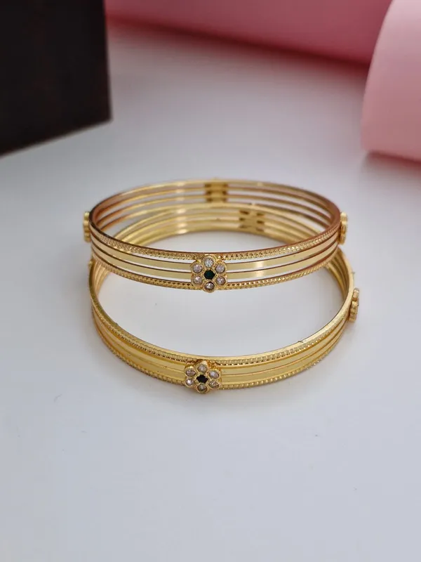 18K_Gold_Plated_Multi-Strand_Wire_CZ_&_Emerald_Floral_Cluster_Bangles_(1_Pair_-_Set_of_2_for_Both_Hands)_|_Delicate_Gold-Plated_Bangle_Set