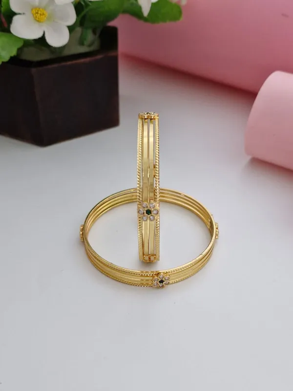 18K_Gold_Plated_Multi-Strand_Wire_CZ_&_Emerald_Floral_Cluster_Bangles_(1_Pair_-_Set_of_2_for_Both_Hands)_|_Delicate_Gold-Plated_Bangle_Set
