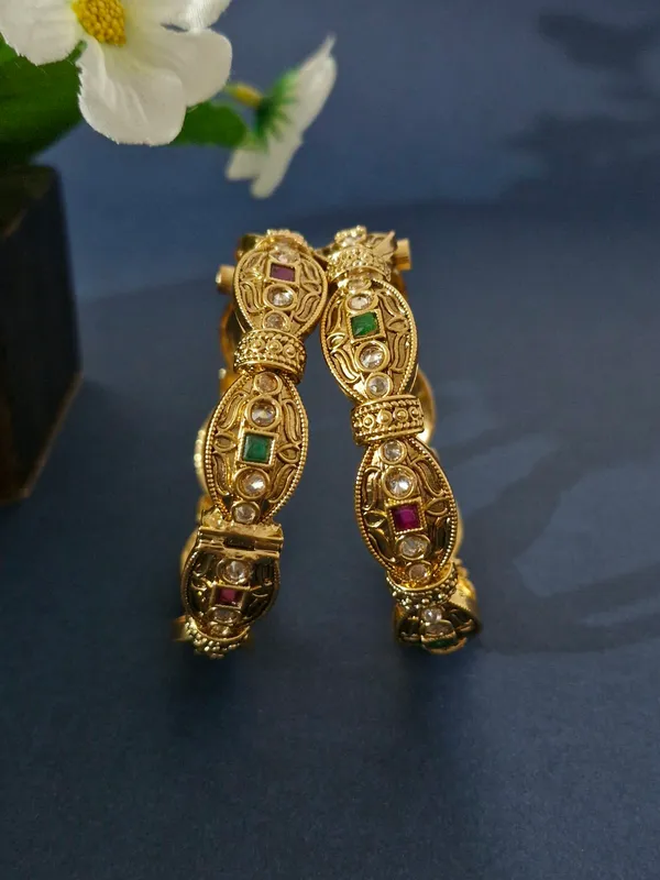 18K_Gold_Plated_Navratna-Inspired_Kundan_&_Polki_Antique_Openable_Kada_-_1_Pair_(Set_of_2_for_Both_Hands)