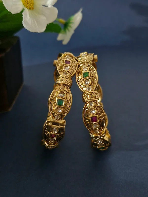 18K_Gold_Plated_Navratna-Inspired_Kundan_&_Polki_Antique_Openable_Kada_-_1_Pair_(Set_of_2_for_Both_Hands)