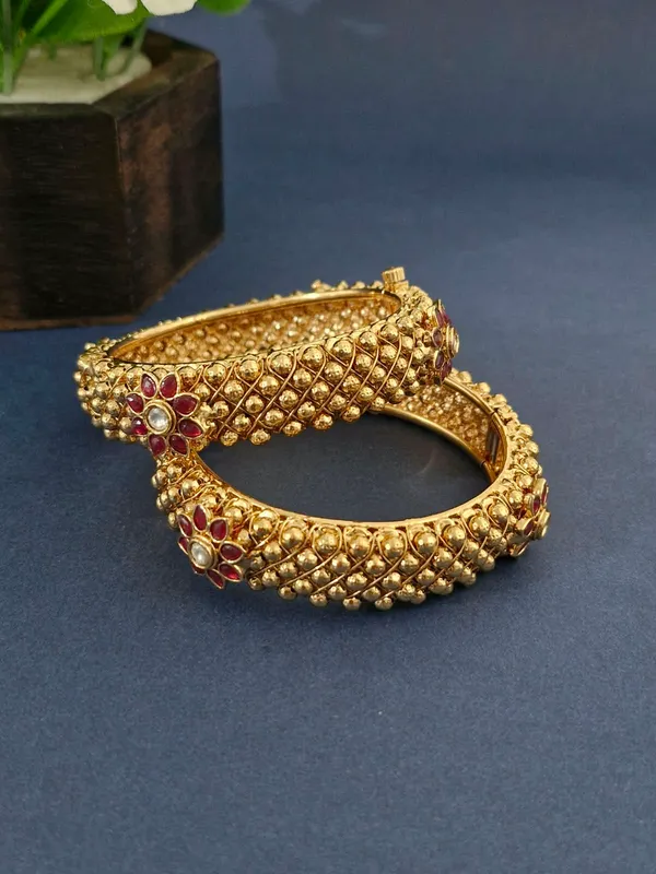 18K_Gold_Plated_Ruby_Floral_Beaded_Antique_Openable_Kada_-_1_Pair_(Set_of_2_for_Both_Hands)