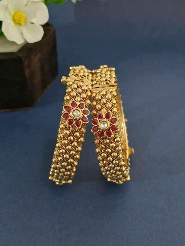 18K_Gold_Plated_Ruby_Floral_Beaded_Antique_Openable_Kada_-_1_Pair_(Set_of_2_for_Both_Hands)