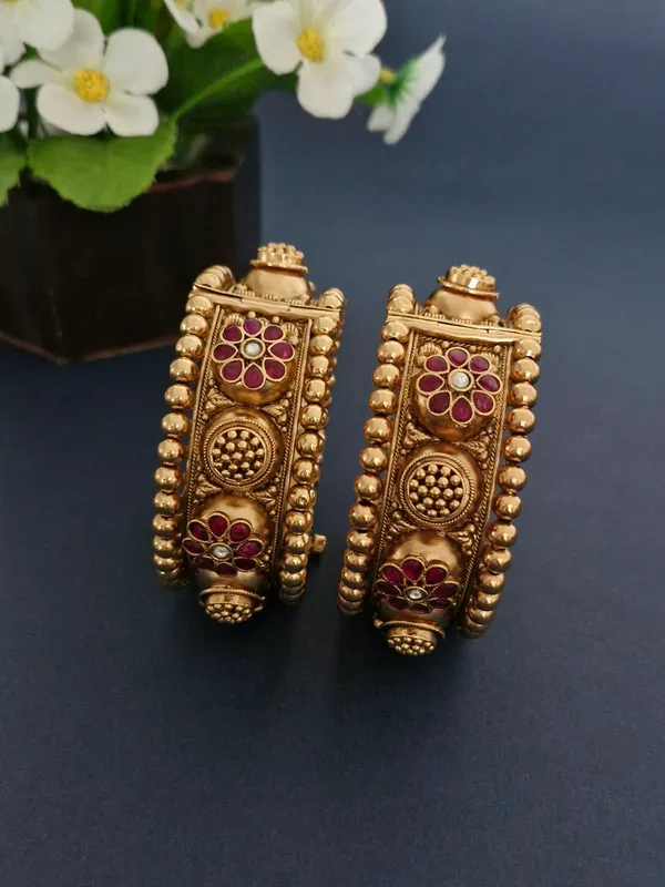 18K_Gold_Plated_Ruby_Floral_Dome_Beaded_Antique_Openable_Kada_-_1_Pair_(Set_of_2_for_Both_Hands)