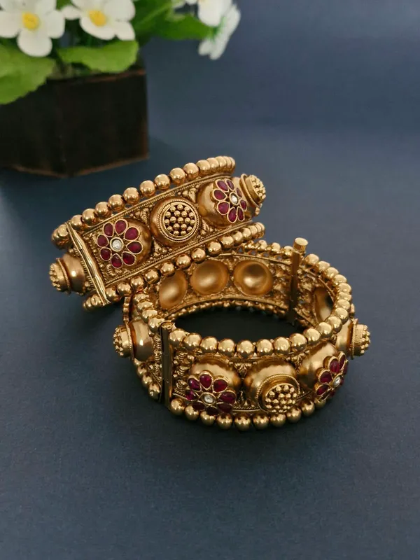 18K_Gold_Plated_Ruby_Floral_Dome_Beaded_Antique_Openable_Kada_-_1_Pair_(Set_of_2_for_Both_Hands)