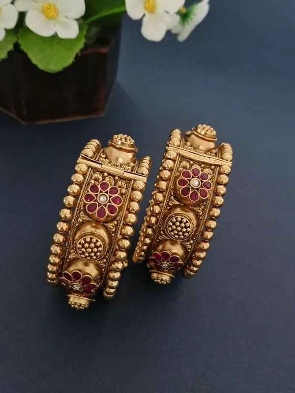 18K_Gold_Plated_Ruby_Floral_Dome_Beaded_Antique_Openable_Kada_-_1_Pair_(Set_of_2_for_Both_Hands)
