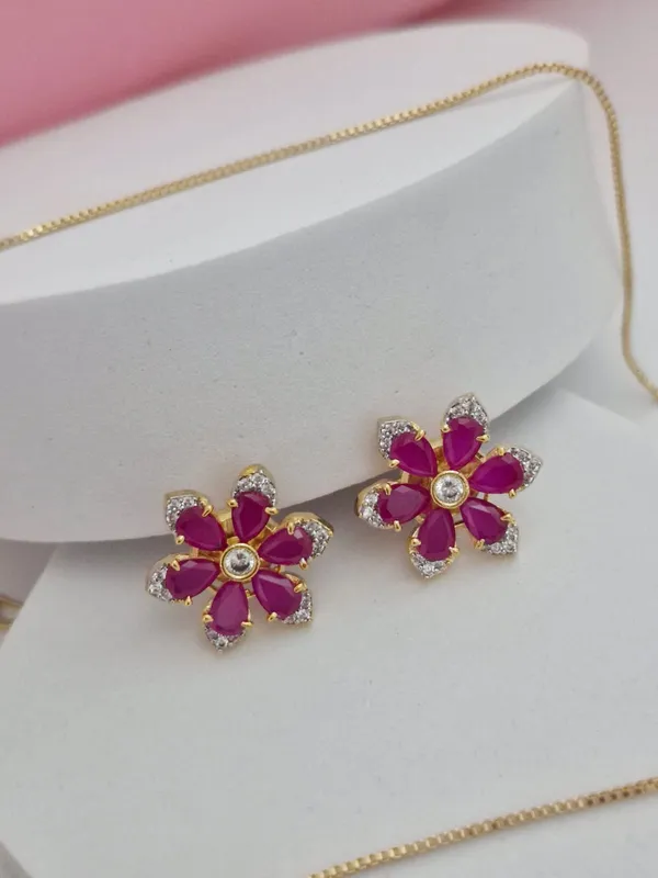 18K_Gold_Plated_Ruby_Pink_&_CZ_Floral_Pendant_Set_with_Earrings_&_Chain
