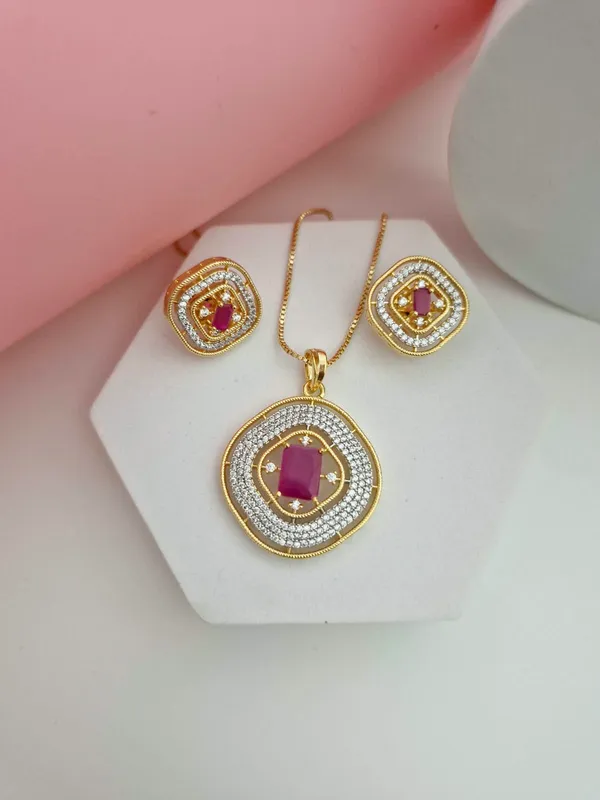 18K_Gold_Plated_Ruby_Pink_&_CZ_Geometric_Pendant_Set_with_Matching_Stud_Earrings