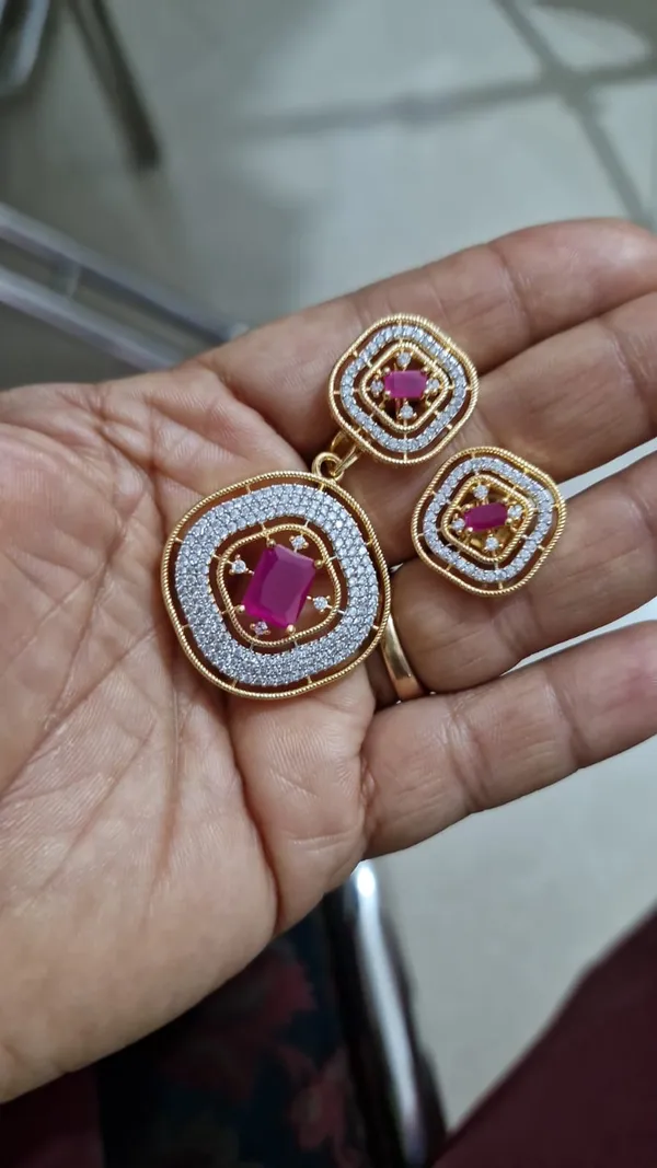 18K_Gold_Plated_Ruby_Pink_&_CZ_Geometric_Pendant_Set_with_Matching_Stud_Earrings