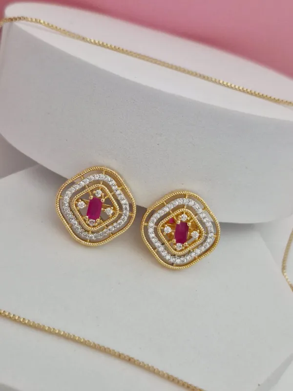 18K_Gold_Plated_Ruby_Pink_&_CZ_Geometric_Pendant_Set_with_Matching_Stud_Earrings