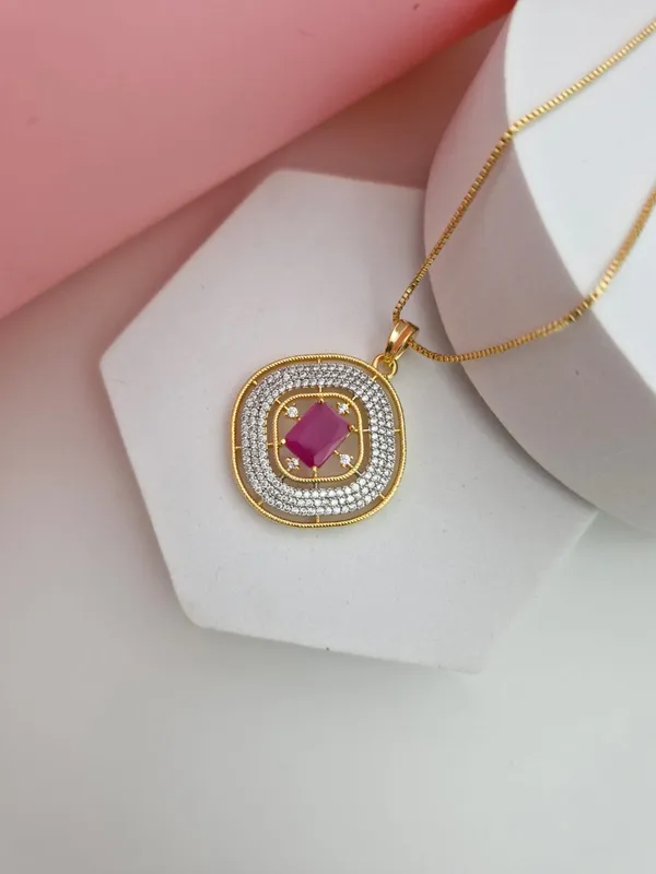 18K_Gold_Plated_Ruby_Pink_&_CZ_Geometric_Pendant_Set_with_Matching_Stud_Earrings