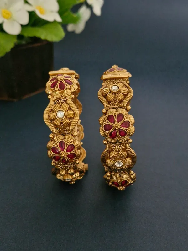 18K_Gold_Plated_Ruby_&_Polki_Floral_Antique_Openable_Kada_-_1_Pair_(Set_of_2_for_Both_Hands)