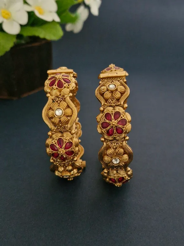 18K_Gold_Plated_Ruby_&_Polki_Floral_Antique_Openable_Kada_-_1_Pair_(Set_of_2_for_Both_Hands)