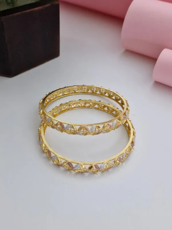 18K_Gold_Plated_Three-Tone_Floral_Filigree_Bangles_(1_Pair_-_Set_of_2_for_Both_Hands)_|_Tri-Tone_Gold,_Silver_&_Rose_Gold_Polish_Cutwork_Bangles