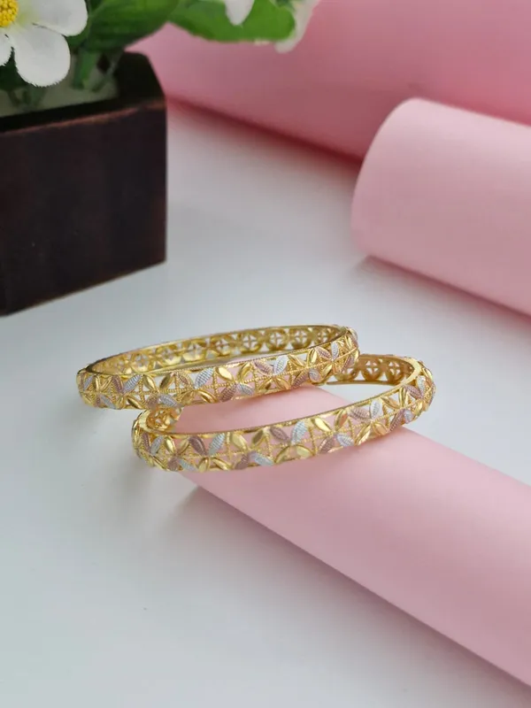 18K_Gold_Plated_Three-Tone_Floral_Filigree_Bangles_(1_Pair_-_Set_of_2_for_Both_Hands)_|_Tri-Tone_Gold,_Silver_&_Rose_Gold_Polish_Cutwork_Bangles