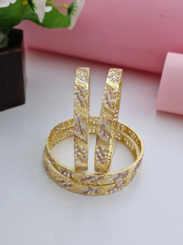 18K_Gold_Plated_Three-Tone_Leaf_&_Floral_Cutwork_Bangles_(2_Pair_-_Set_of_4_for_Both_Hands)_|_Tri-Tone_Gold,_Silver_&_Rose_Gold_Polish_Bangle_Set