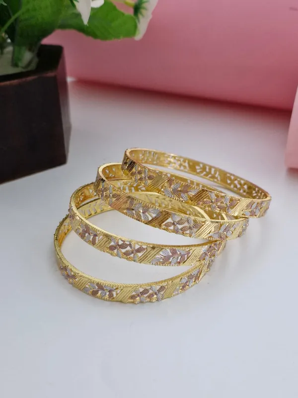 18K_Gold_Plated_Three-Tone_Leaf_&_Floral_Cutwork_Bangles_(2_Pair_-_Set_of_4_for_Both_Hands)_|_Tri-Tone_Gold,_Silver_&_Rose_Gold_Polish_Bangle_Set