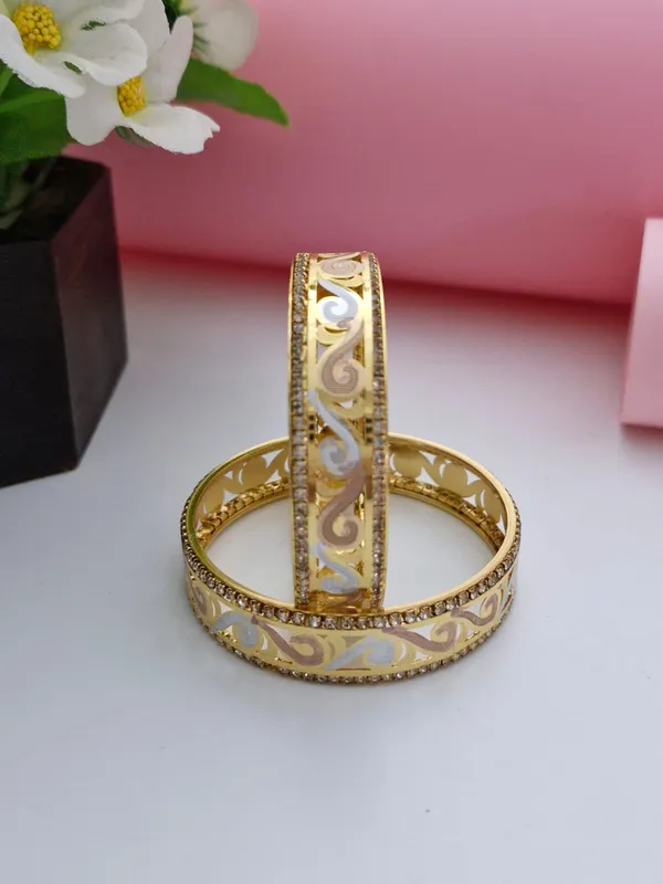 18K_Gold_Plated_Tri-Color_Filigree_CZ_Stone_Bangles_(1_Pair_-_Set_of_2_for_Both_Hands)