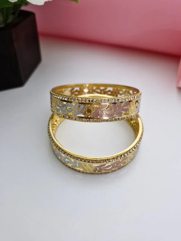 18K_Gold_Plated_Tri-Color_Floral_Filigree_CZ_Stone_Bangles_(1_Pair_-_Set_of_2_for_Both_Hands)