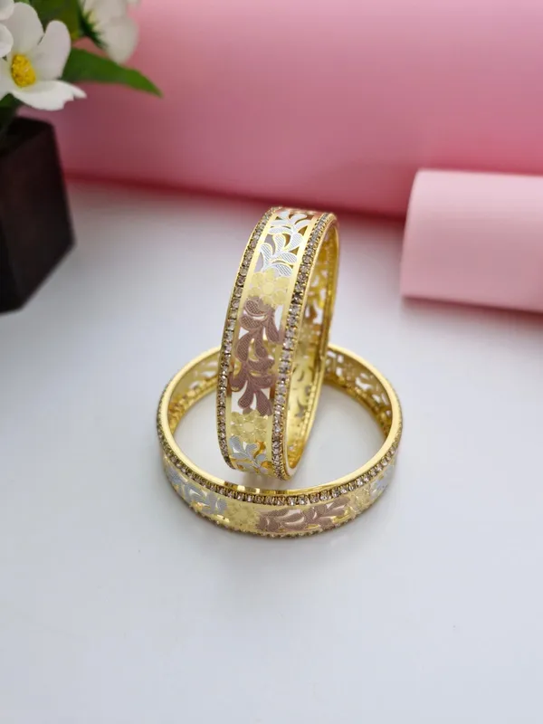 18K_Gold_Plated_Tri-Color_Floral_Filigree_CZ_Stone_Bangles_(1_Pair_-_Set_of_2_for_Both_Hands)