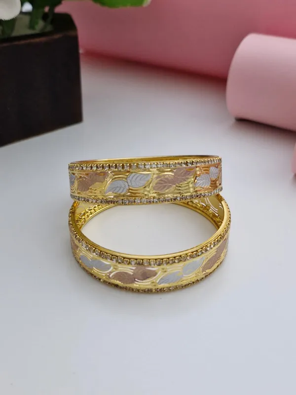 18K_Gold_Plated_Tri-Color_Textured_Leaf_Filigree_CZ_Bangles_(1_Pair_-_Set_of_2_for_Both_Hands)