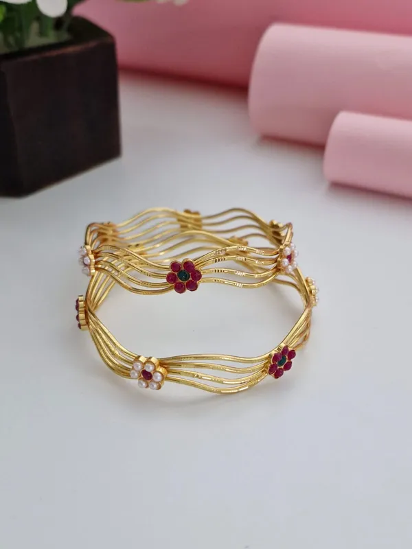 18K_Gold_Plated_Wavy_Wire_Floral_Motif_Bangles_(1_Pair_-_Set_of_2_for_Both_Hands)_|_Pearl_&_Ruby_Gemstone_Studded_Ethnic_Kada_Set
