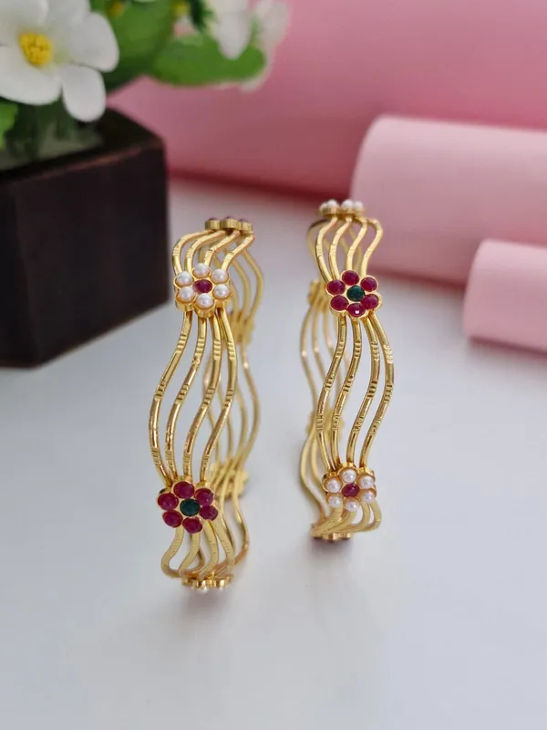 18K_Gold_Plated_Wavy_Wire_Floral_Motif_Bangles_(1_Pair_-_Set_of_2_for_Both_Hands)_|_Pearl_&_Ruby_Gemstone_Studded_Ethnic_Kada_Set