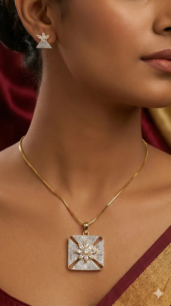 Silver_Flower_Square_Elegant_Pendant_With_Earrings_Set_For_Women