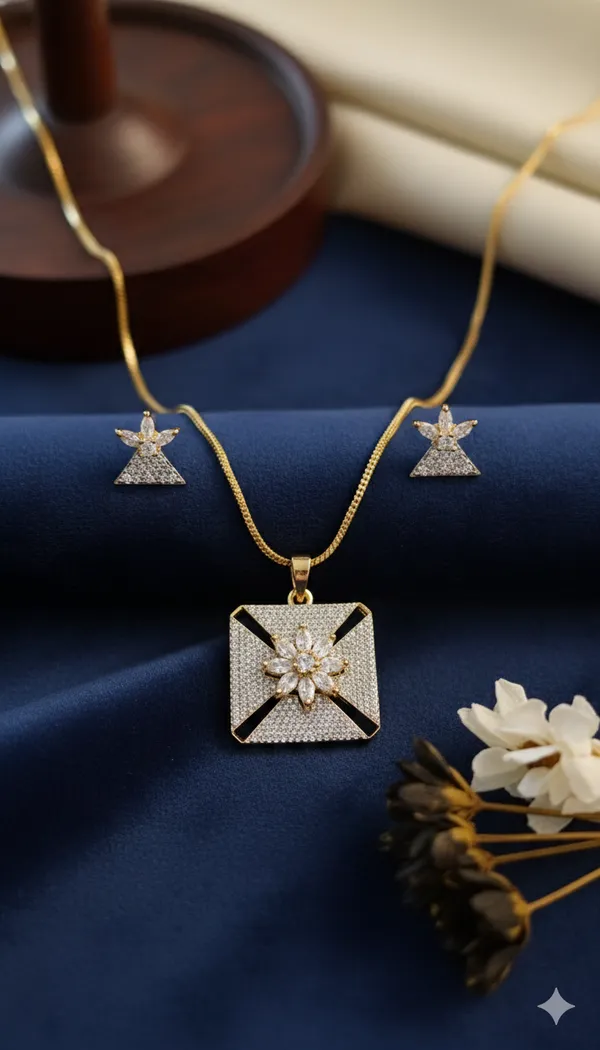 Silver_Flower_Square_Elegant_Pendant_With_Earrings_Set_For_Women